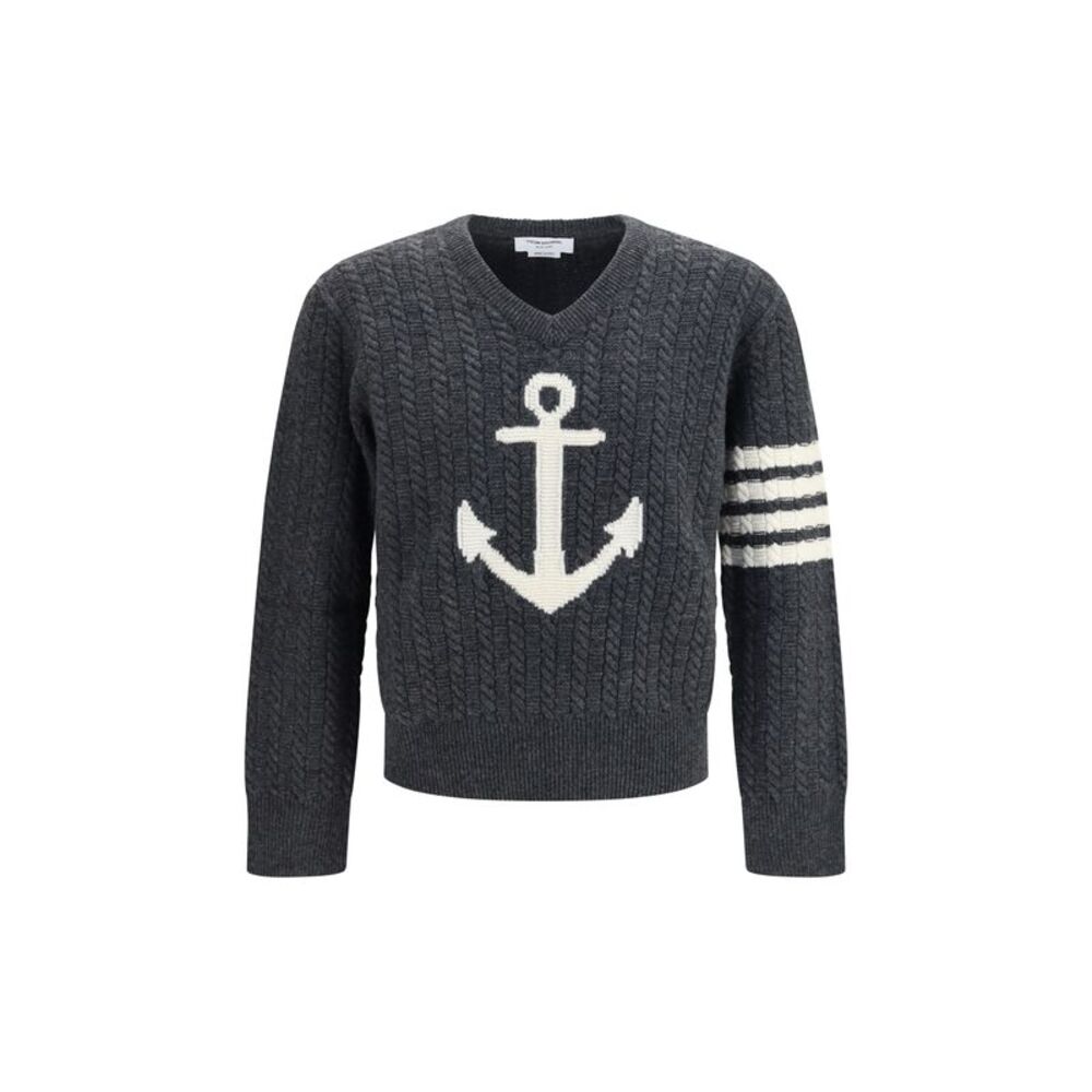 Thom Browne Men 4-Bar Merino Wool Sweater With Anchor Motif